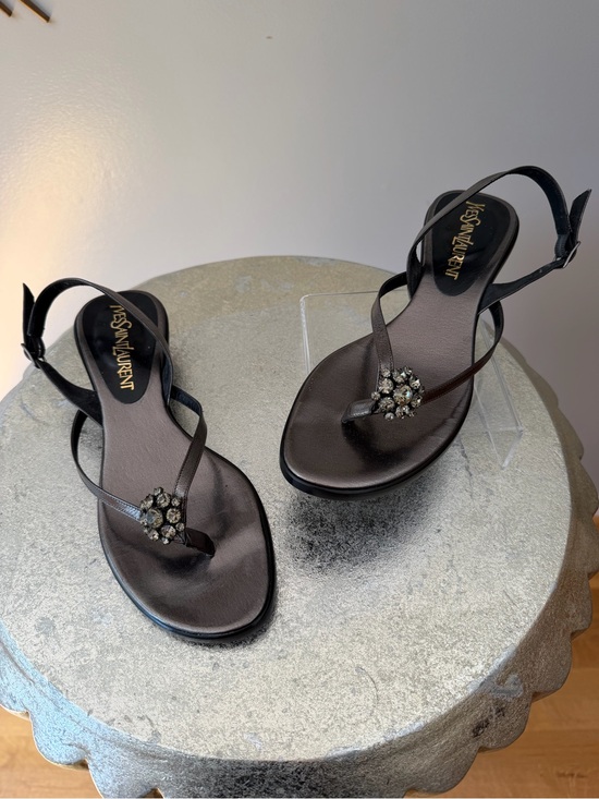 Yves Saint Laurent Shoes - Yves Saint Laurent Black Jeweled T-Strap Slingback Sandals